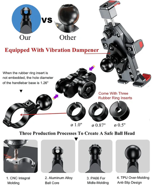 Yellowfin Aluminium Alloy Motorcycle Phone Mount with Vibration Dampener Secure Anti-Theft Lock | One-Push Auto Lock Handlebar M23-C1-Pro Elite - No Charger - Image 6