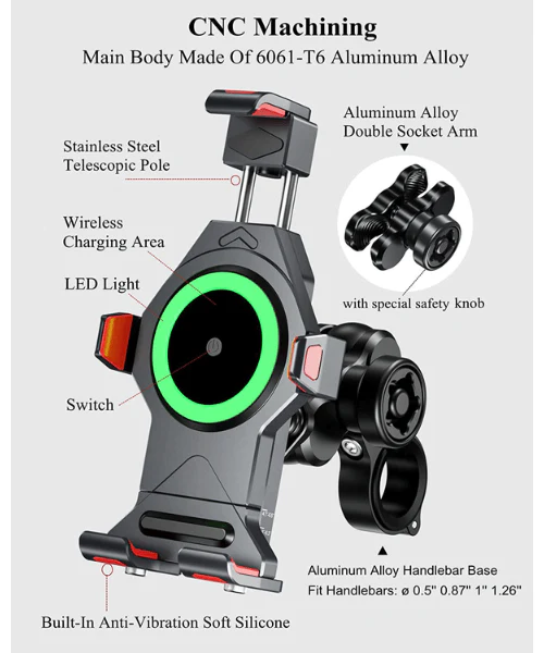 Yellowfin Aluminium Alloy Motorcycle Phone Mount with Vibration Dampener Secure Anti-Theft Lock | One-Push Auto Lock Handlebar M23-A1-Pro Elite - with Charger - Image 5