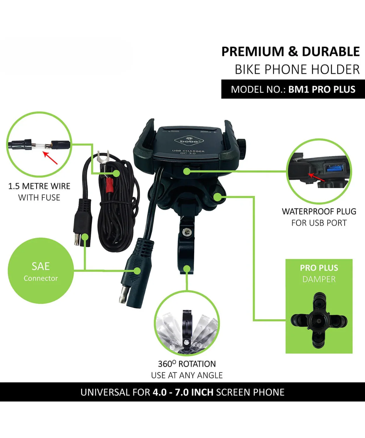 BOBO BM1 Pro Pluse Bike Phone Holder Jaw-Grip with Vibration Damper and Fast USB 3.0 Charger and SAE Connector & Fast USB Cable - Image 2