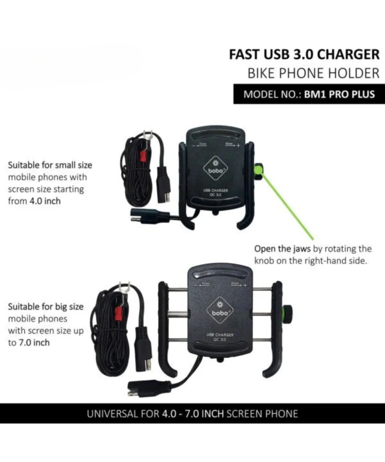 BOBO BM1 Pro Pluse Bike Phone Holder Jaw-Grip with Vibration Damper and Fast USB 3.0 Charger and SAE Connector & Fast USB Cable - Image 3