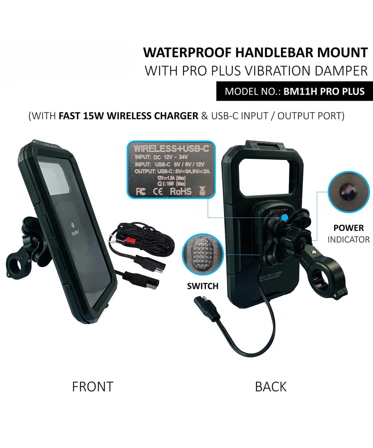 BOBO BM11H Pro Plus Fully Waterproof Bike Phone Holder with Vibration Damper and Fast 15W wireless Charger & USB-C Input/Output Port. - Image 2