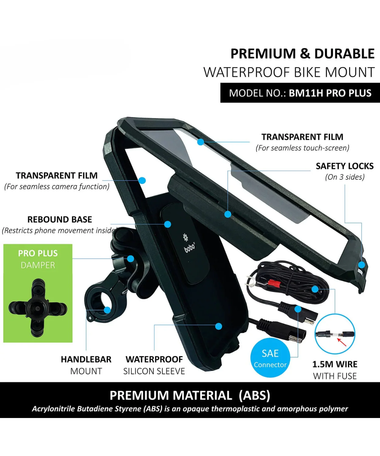 BOBO BM11H Pro Plus Fully Waterproof Bike Phone Holder with Vibration Damper and Fast 15W wireless Charger & USB-C Input/Output Port. - Image 3