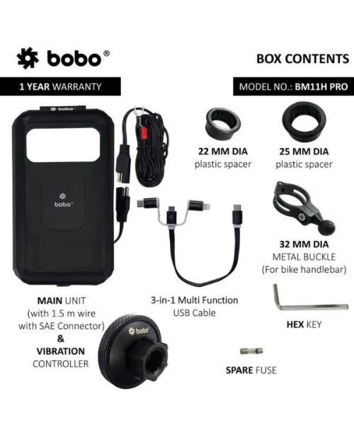 BOBO BM11H PRO Fully Waterproof Bike Phone Holder with Vibration Controller (with Fast 15W Wireless Charger and USB-C Input/Output Port) Motorcycle Mobile Mount - Black - Handlebar Attachment - Image 3