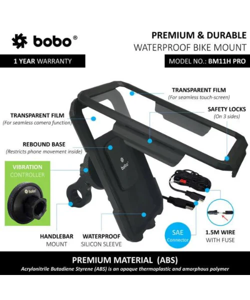 BOBO BM11H PRO Fully Waterproof Bike Phone Holder with Vibration Controller (with Fast 15W Wireless Charger and USB-C Input/Output Port) Motorcycle Mobile Mount - Black - Handlebar Attachment - Image 4