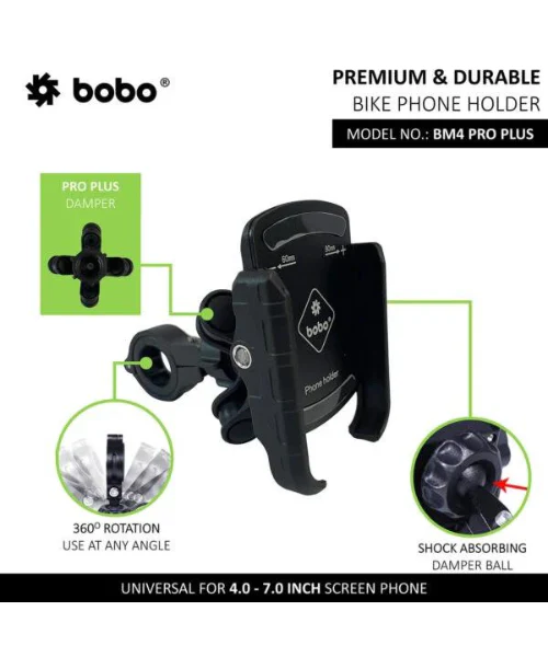 BOBO BM4 PRO PLUS Jaw-Grip Bike Phone Holder with PRO PLUS Vibration Damper Motorcycle Mobile Mount - Black - Image 2