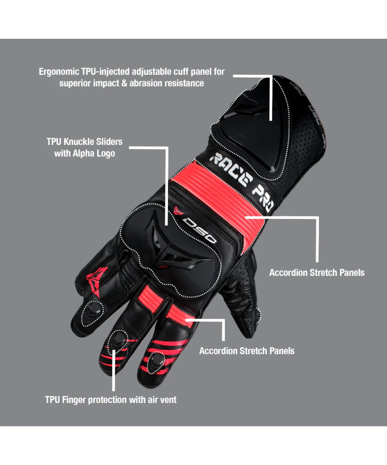 DSG Race Pro Sport Gloves - Black Red - Image 5