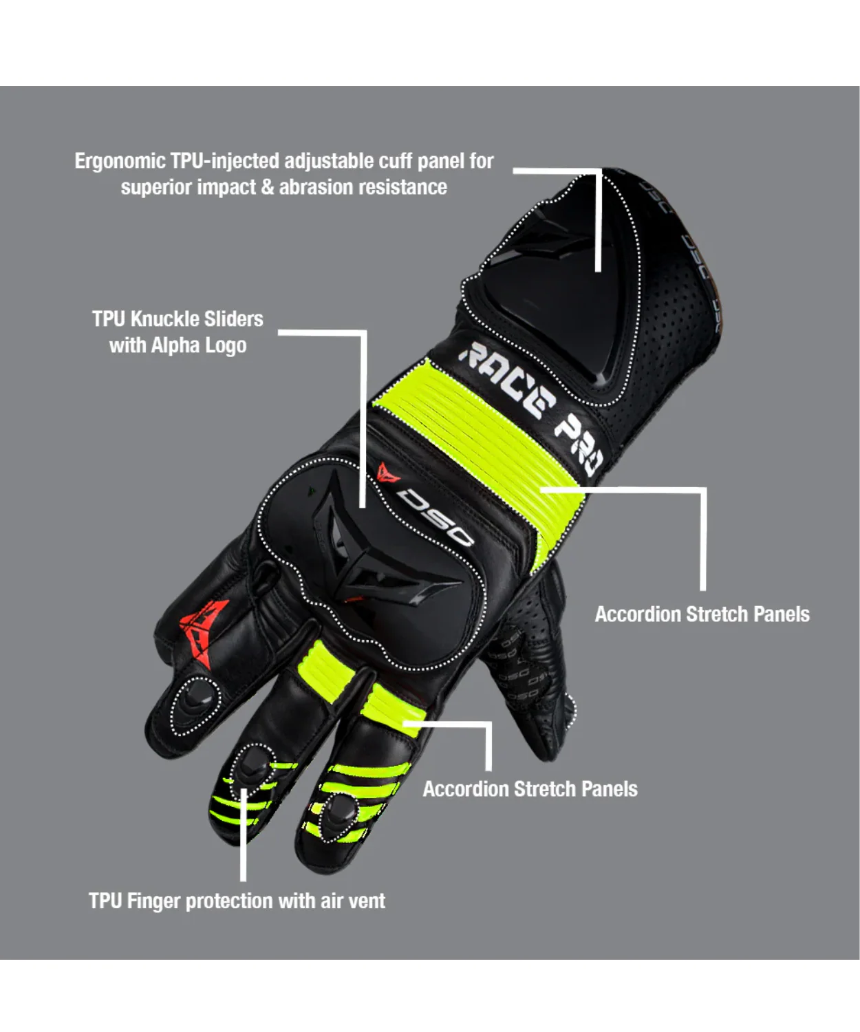 DSG Race Pro Sport Gloves - Yellow Fluo - Image 5