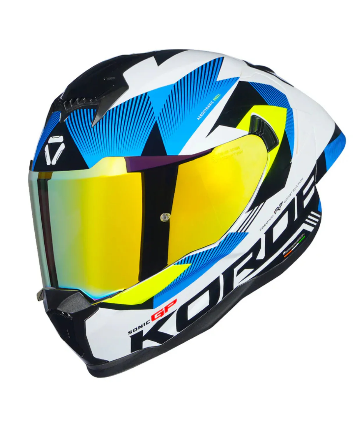 Korda Sonic GP Brave Helmet - Gloss White Blue & Fluorescent Yellow - Image 3