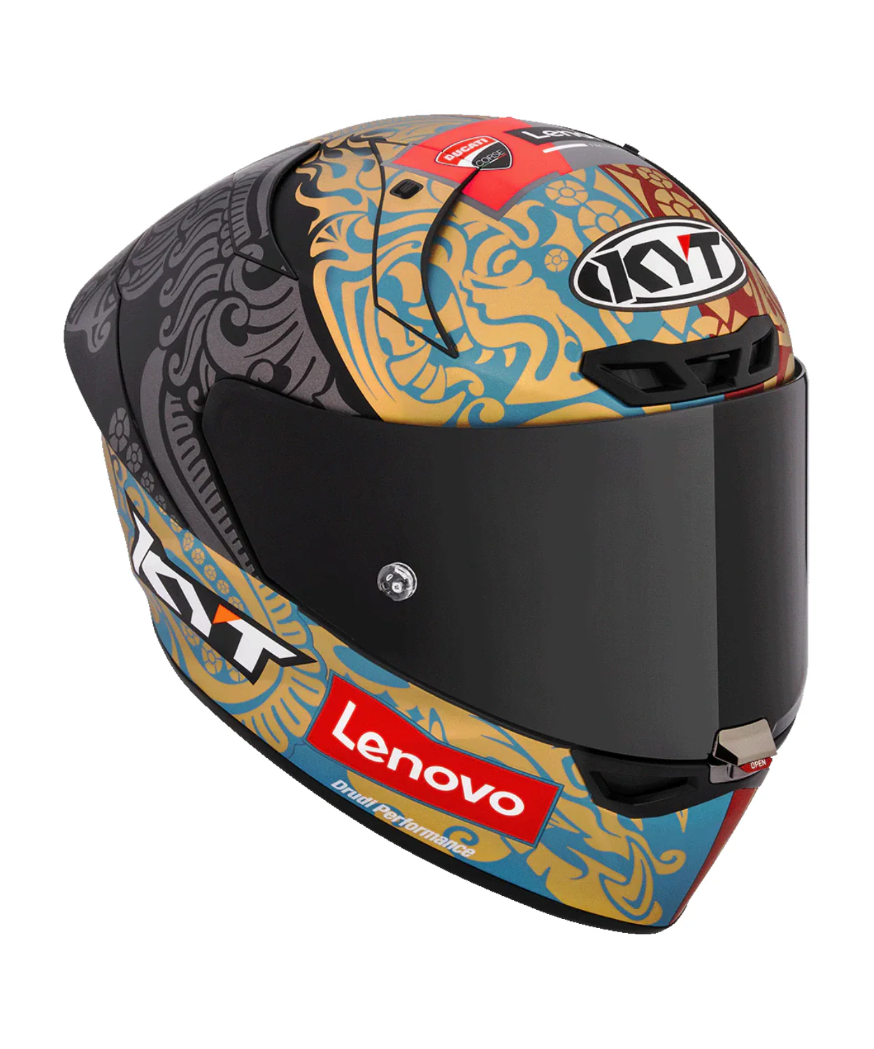 KYT Bastianini IDN REP 2023 Carbon Fiber With Sponsor Helmet (ECE 22.06) - Matt Black Gold - Image 3