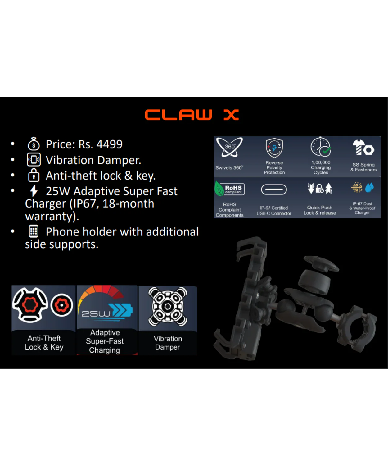Maddog Mobile Phone Holder with 25W Charger Vibration Damper and Anti Theft Lock - Claw X - Image 2
