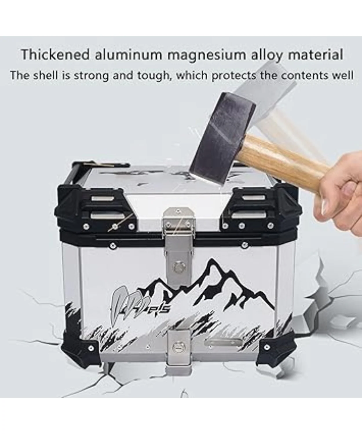 Moto Arch Aluminium Top Box 45L with Backrest - Silver Mountains Graphics - Image 4