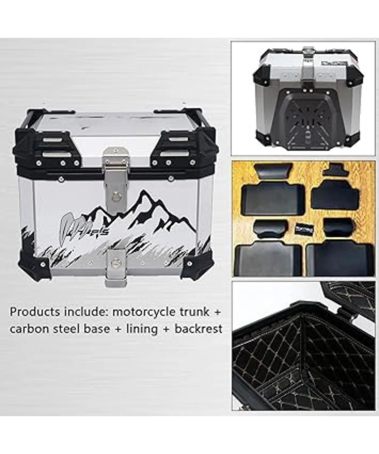 Moto Arch Aluminium Top Box 45L with Backrest - Silver Mountains Graphics - Image 6