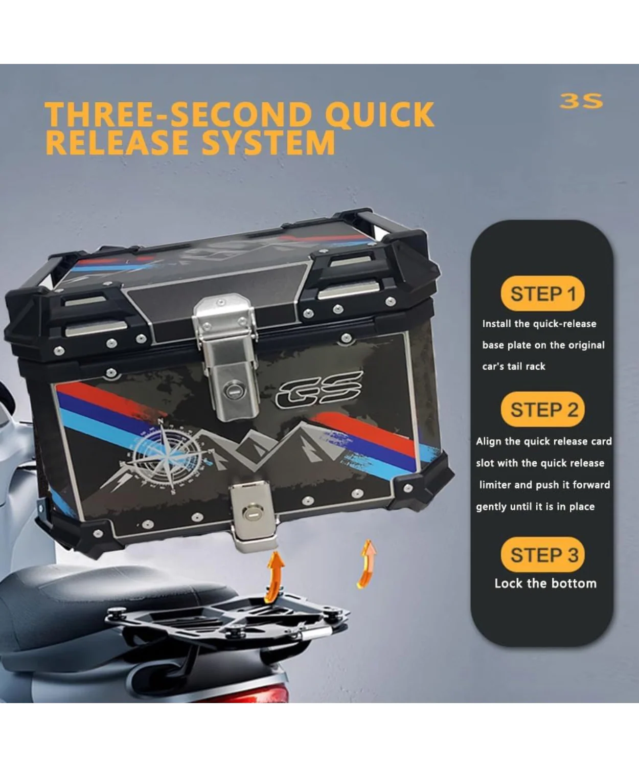 Moto Arch Aluminium Top Box 45L with Backrest - Black GS Graphics - Image 7