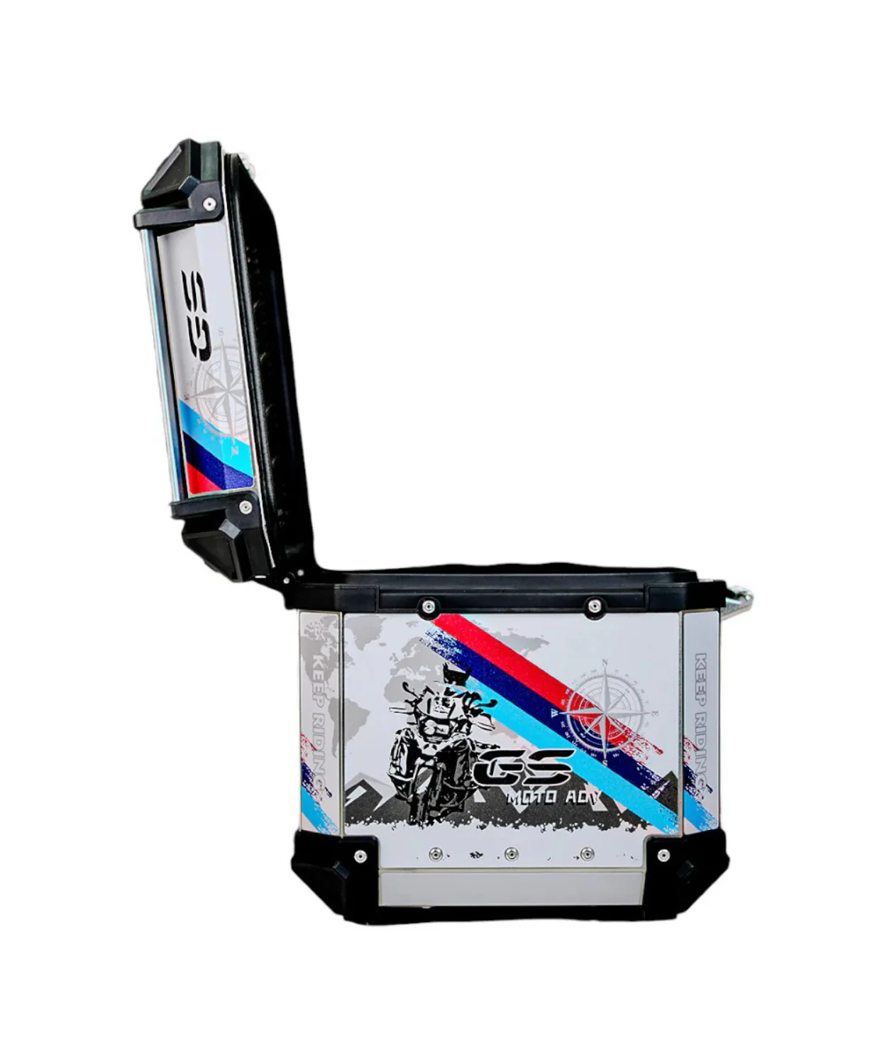 Moto Arch Aluminium Top Box 45L with Backrest  - White GS Graphics - Image 6