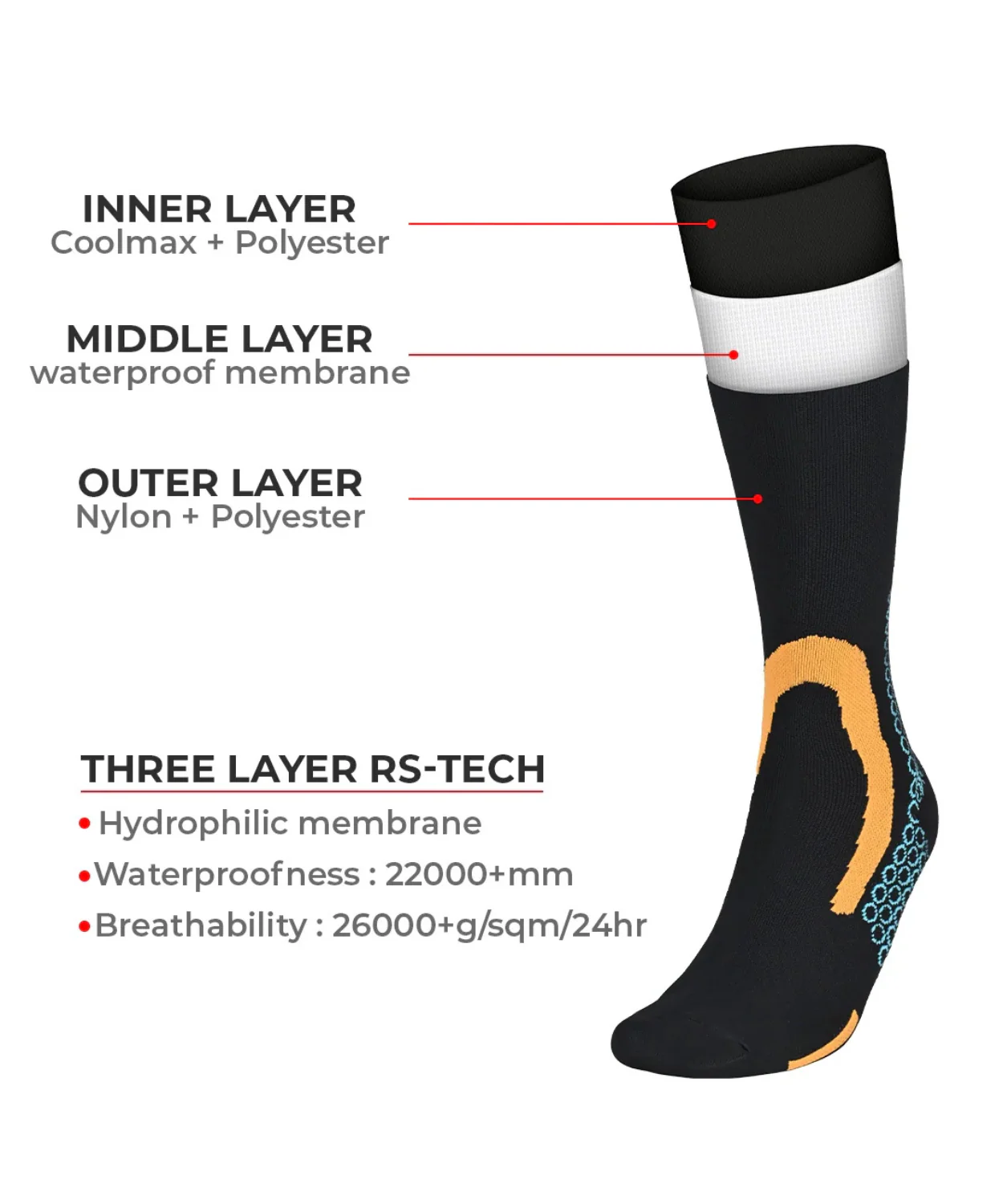 Randy Sun X-216 Knee High Waterproof Socks - Orange Black - Image 6