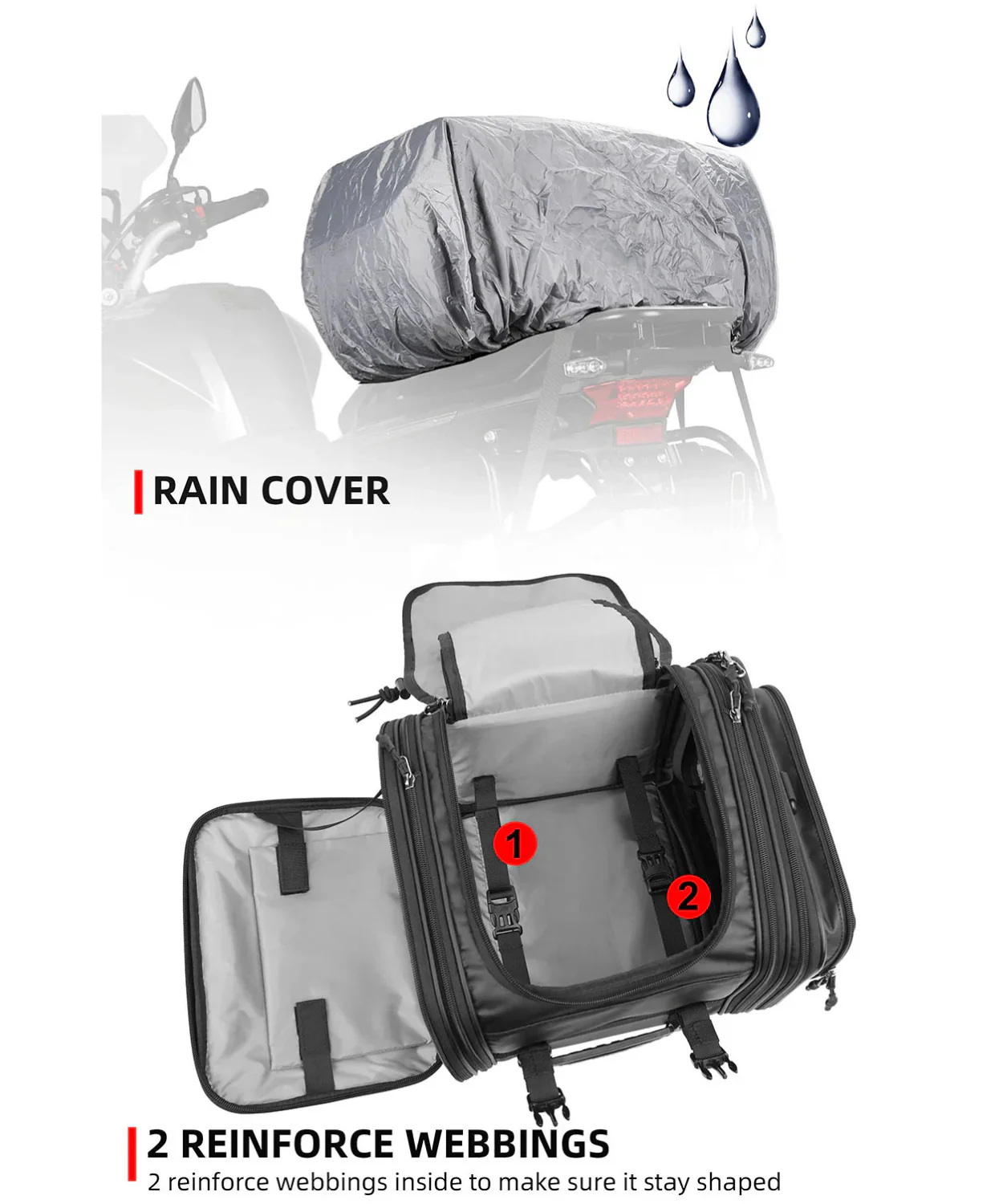 Rhinowalk Deluxe Cruiser Tail Bag 26L - Black - MT4026 - Image 12