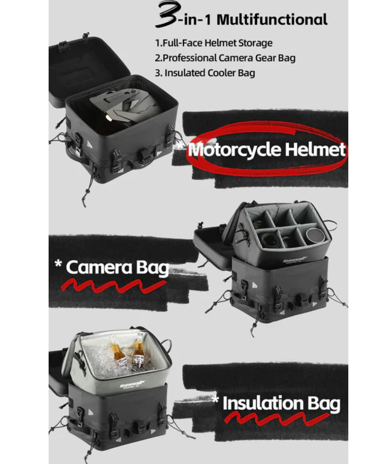 Rhinowalk Fortress Series X Tactical 36L Tail Bag Set C Soft Top Box - Black - MFT2305 - Image 6