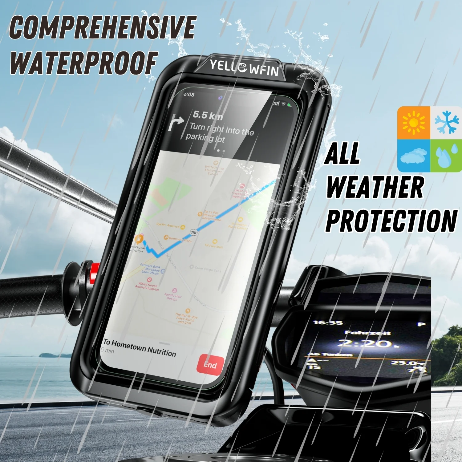 Yellowfin Fully Waterproof Handlebar Mobile Phone Holder without Charger - M18L-B1 Handlebar - Image 7