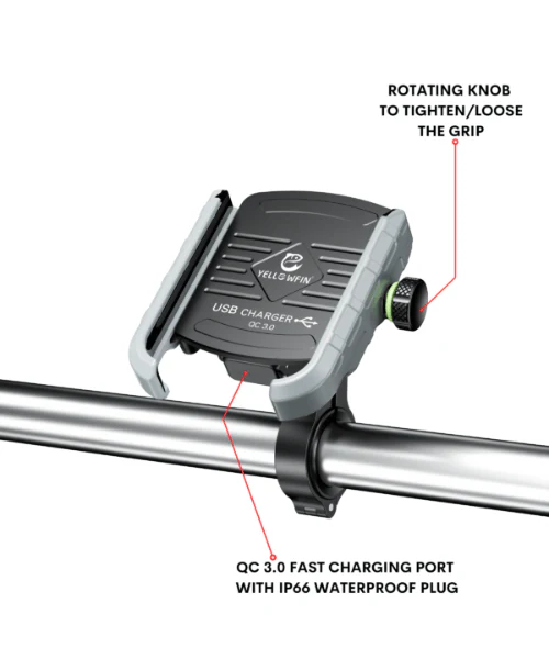 Yellowfin Jaw-grip Fast QC 3.0 Mobile Holder with charger for Bikes & Scooters - M8 Grey - Image 5