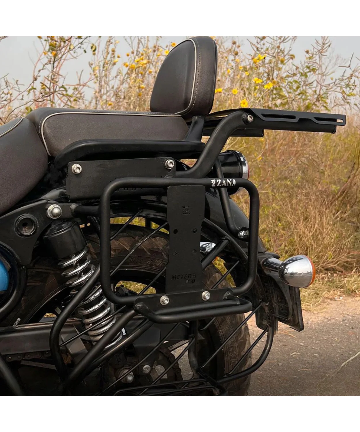 Zana Saddle Stay Mild Steel with Exhaust Shield and Jerry Can Mount Texture Matt Black for Meteor 350 - ZI-8397 - Image 3
