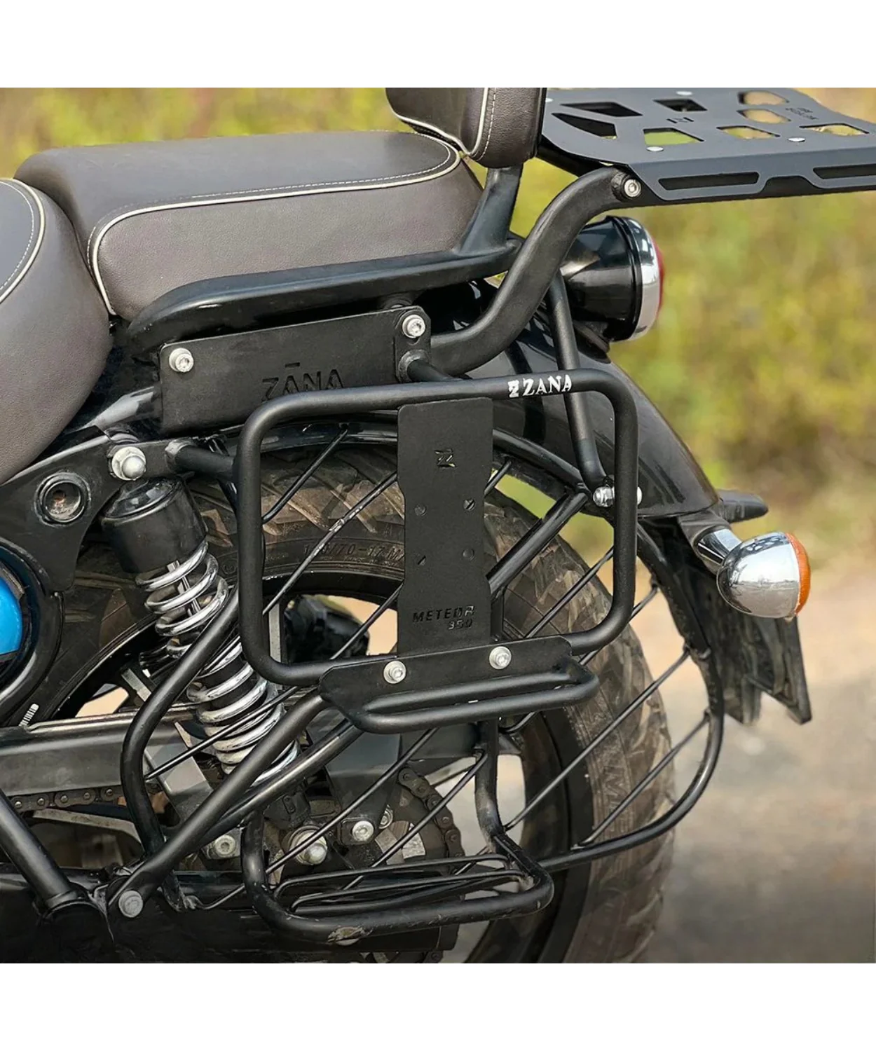 Zana Saddle Stay Mild Steel with Exhaust Shield and Jerry Can Mount Texture Matt Black for Meteor 350 - ZI-8397 - Image 4